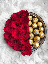 Load image into Gallery viewer, roses in a box, roses and ferrero rocher, roses and chocolates, red roses, round bloom box, box of roses and choocolates, luxe blooms roses